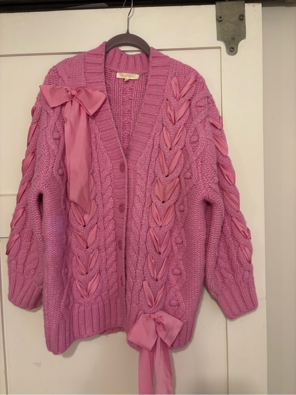 LoveShackFancy Kassius Ribbon Detail Alpaca Blend Cable Cardigan